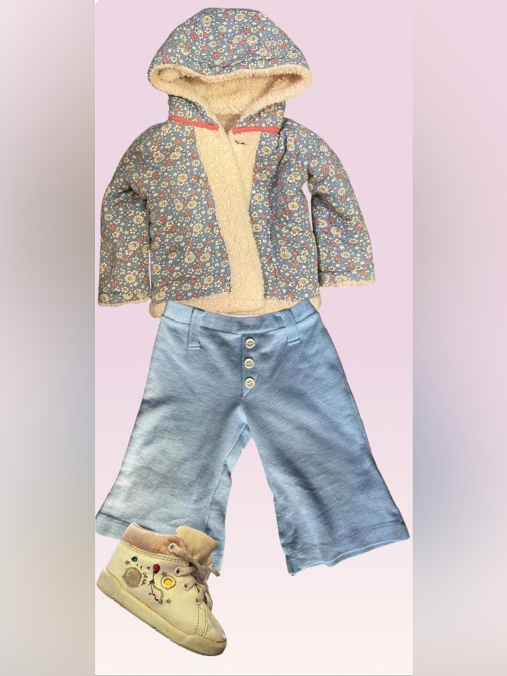 VINTAGE baby Floral Sherpa Jacket & Light Blue Pants Set&shoes